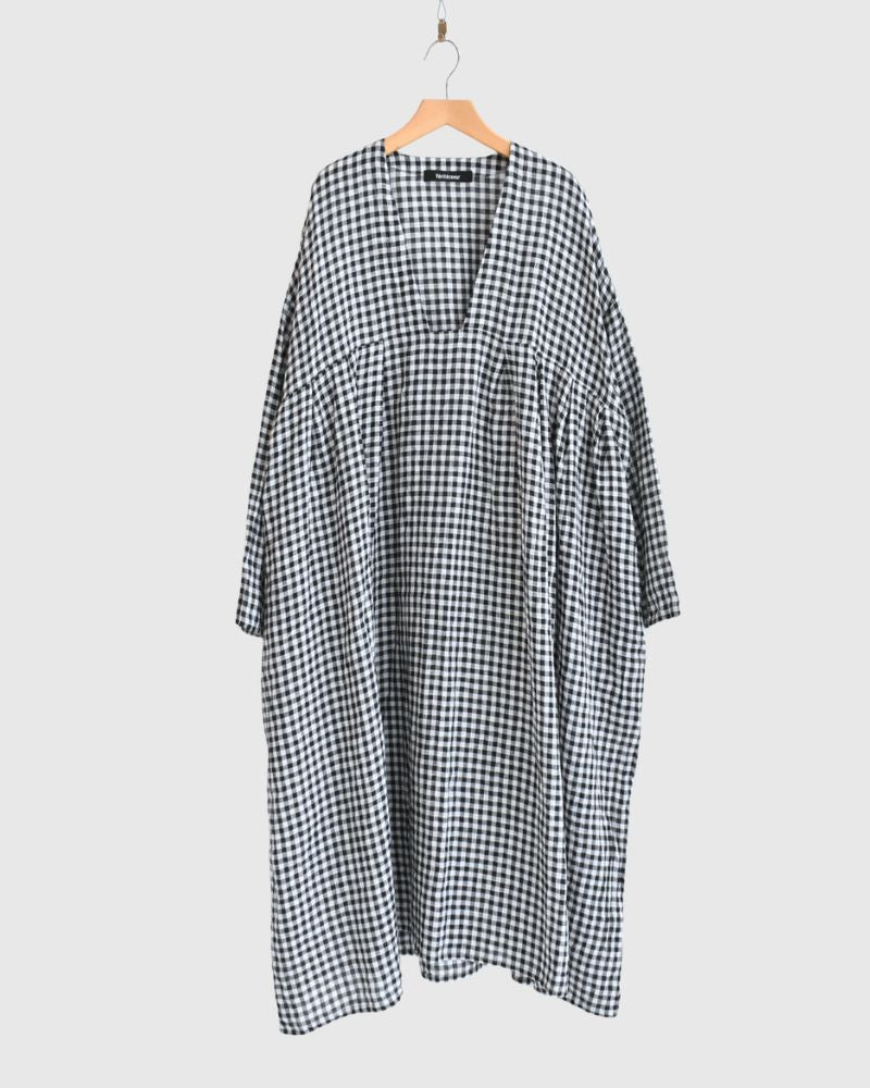 Gingham Check Linen Dress in BlackCheck