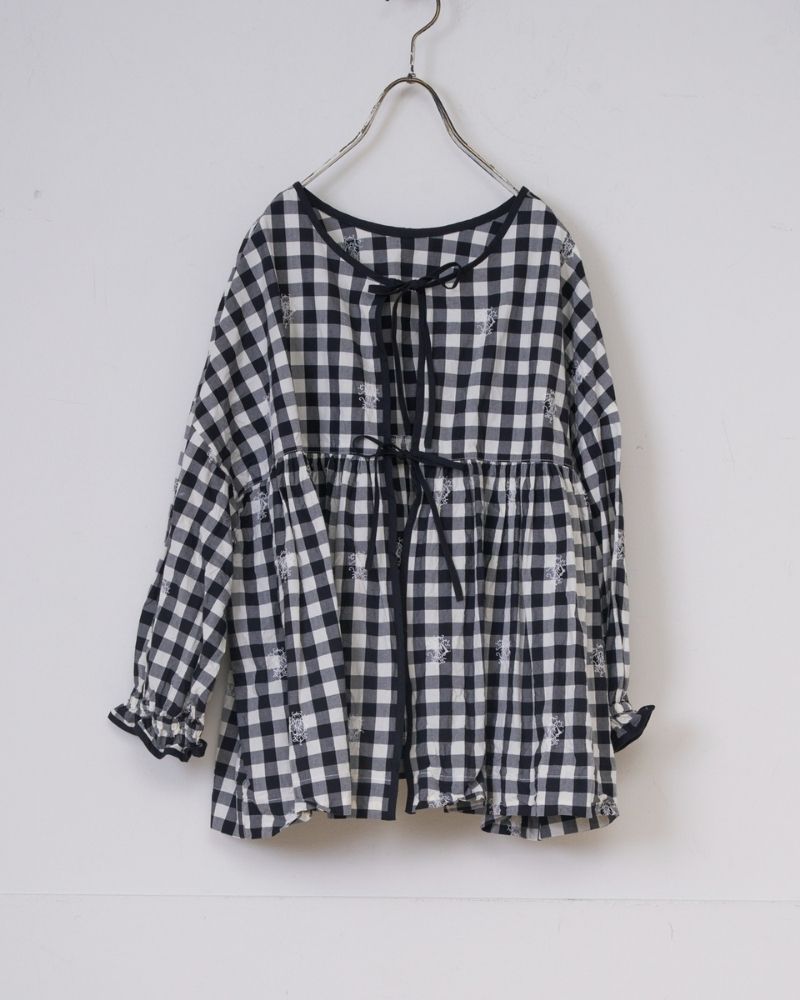 [Pre-order] S/S G1171 ORIGINAL EMBROIDERY LACE GINGHAM GATHER BLOUSE（Mid-March – End of March）