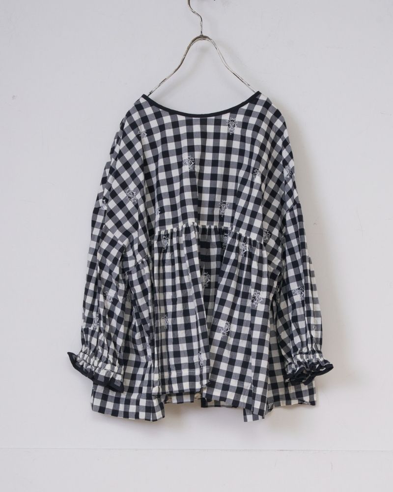 [Pre-order] S/S G1171 ORIGINAL EMBROIDERY LACE GINGHAM GATHER BLOUSE（Mid-March – End of March）