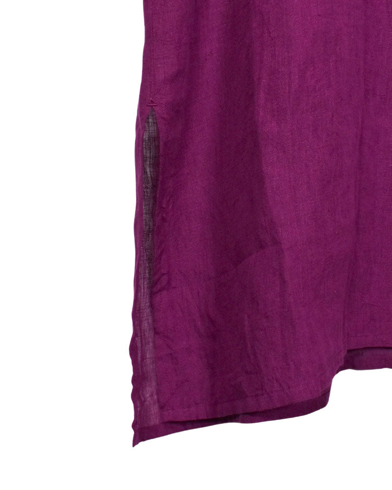 80'S POWER LOOM LINEN PLAIN BANDED COLLAR MAXI SHIRT in Royal Purple