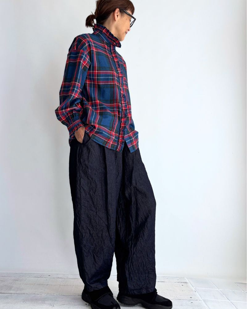 Indigo Tartan Frill Blouse in Blue