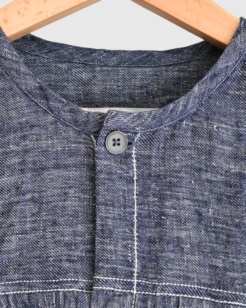Handwoven Hemp Denim Collarless Jacket in Blue