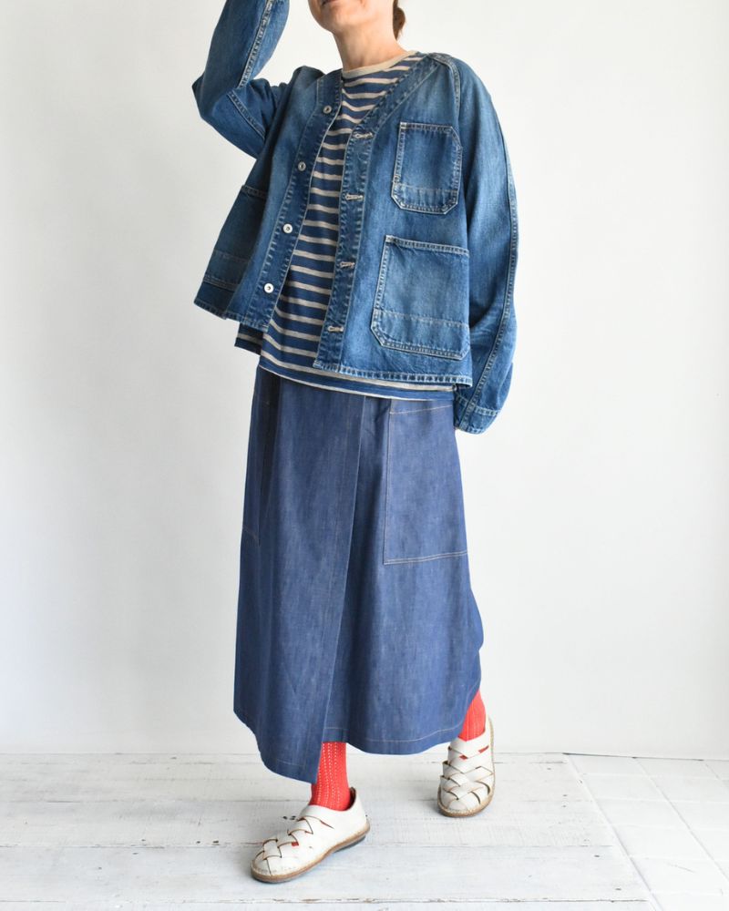 Linen Jersey Border Pullover in Blue/Natural