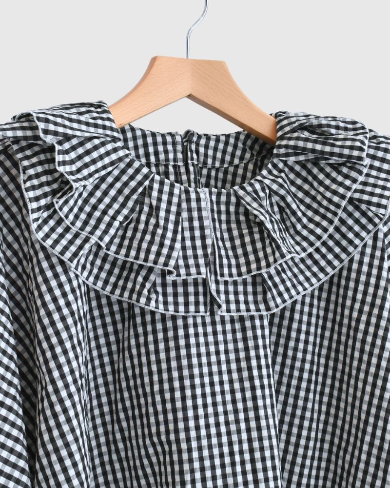 Tuck Frill Pullover in Black/Ecru Check