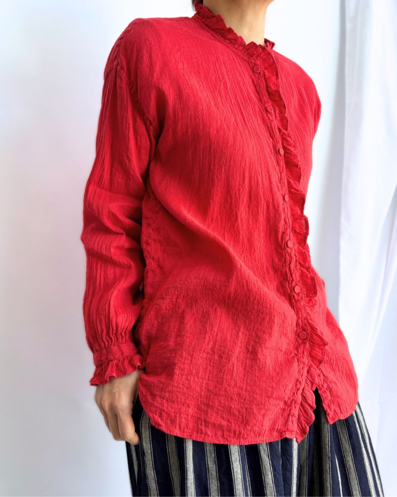 AUTO LOOM COTTON/LINEN PLAIN OVERDYE FRILL COLLAR SHIRT in Red