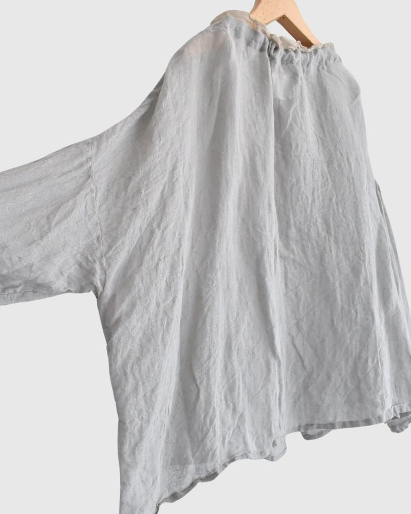 Linen ruffle neck cardigan in Gray