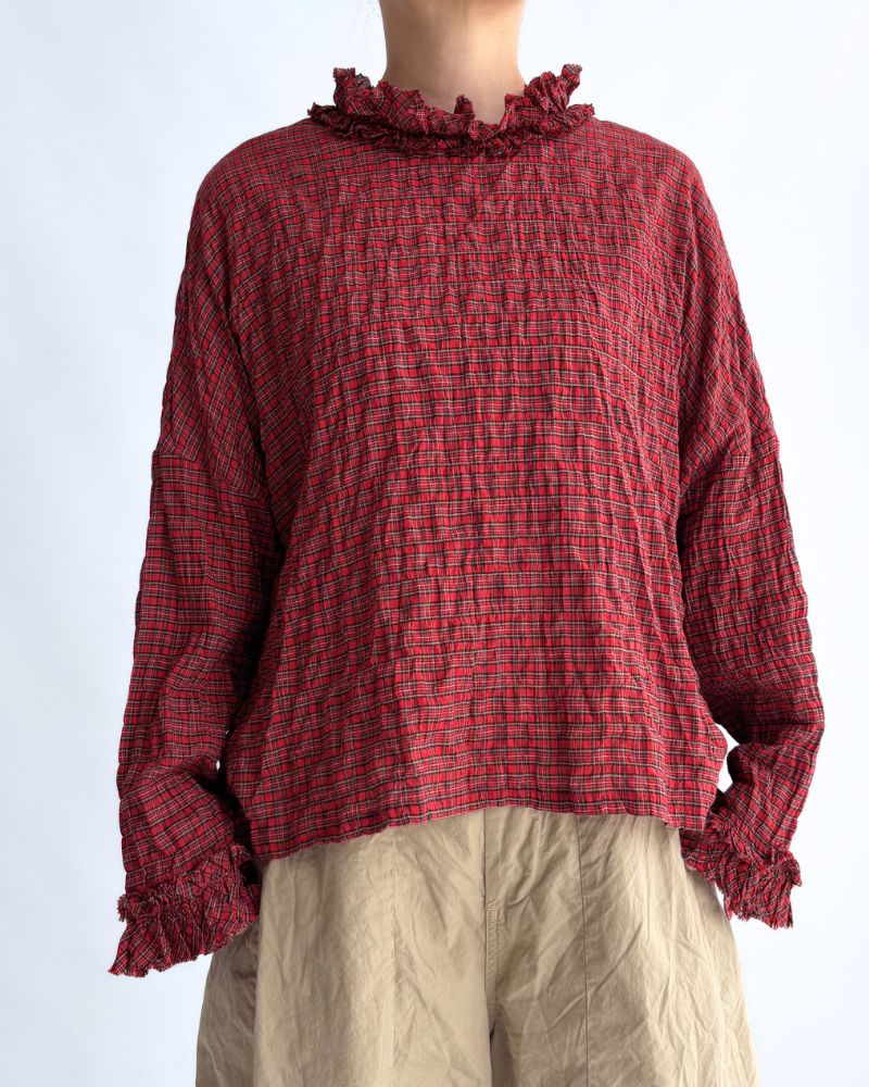Check Neck Frill Box Pullover in AkaCheck