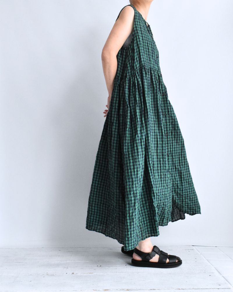 Block Check Sleeveless Gathered Dress in Green