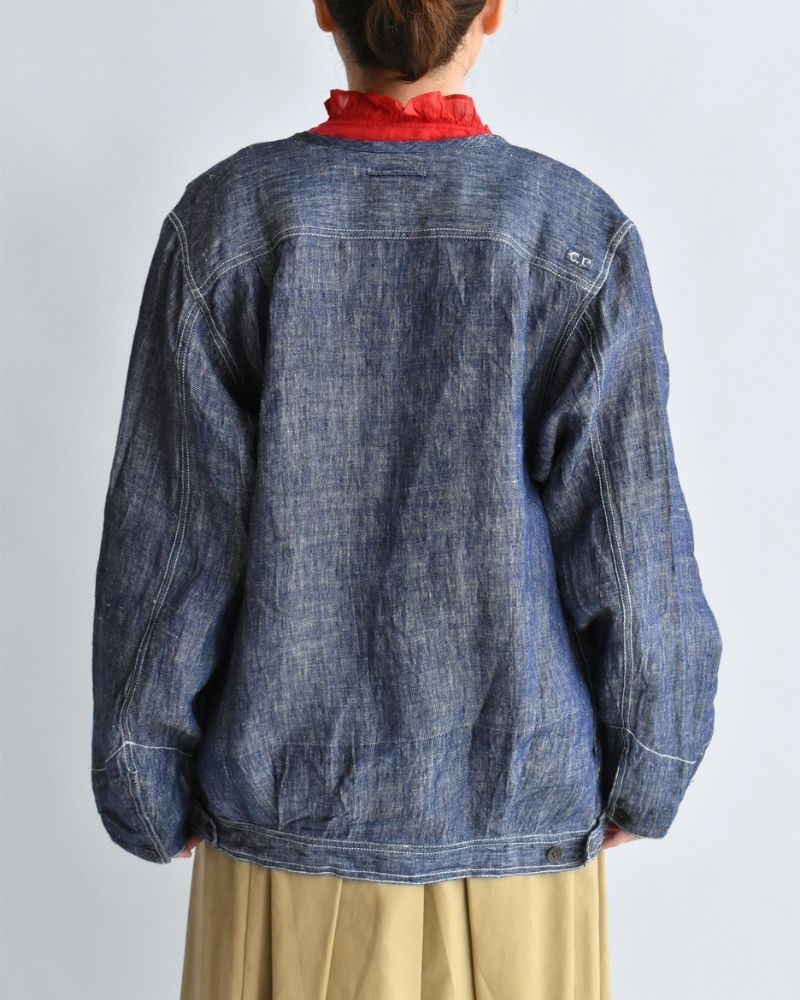 Handwoven Hemp Denim Collarless Jacket in Blue