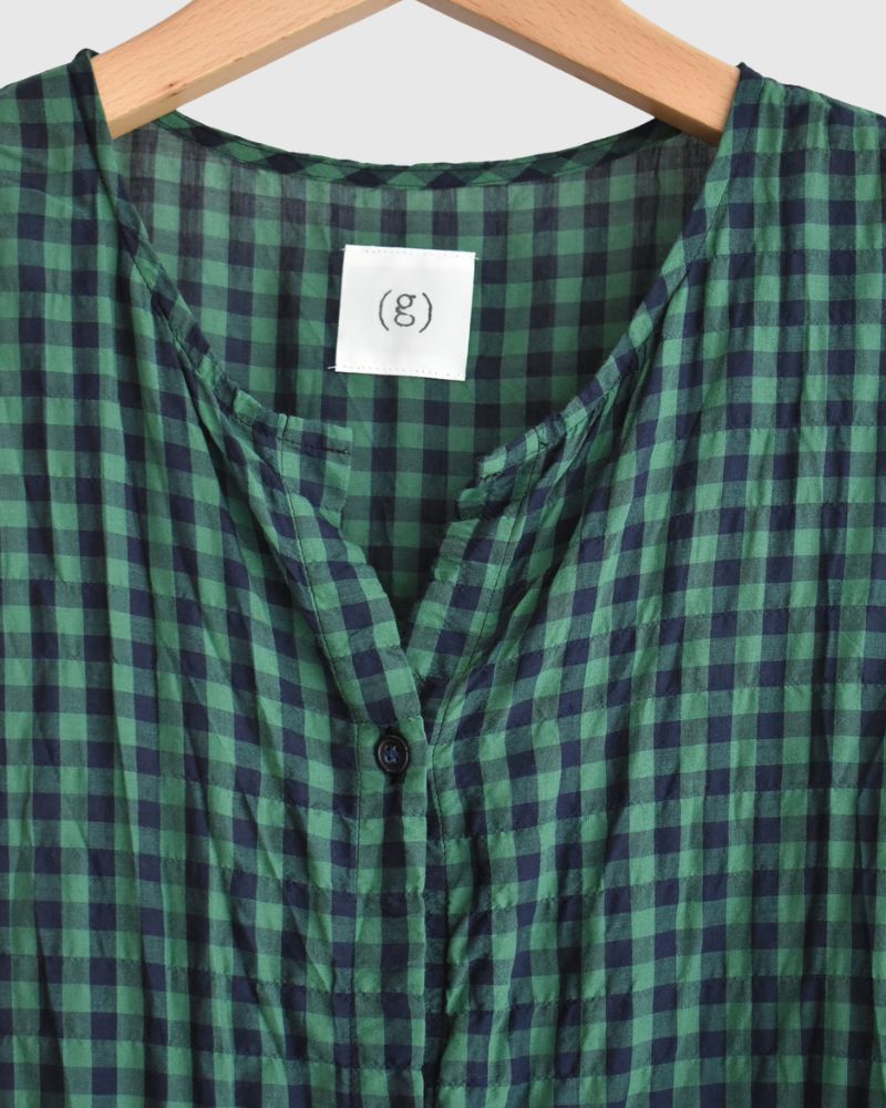 Block Check Sleeveless Gathered Dress in Green