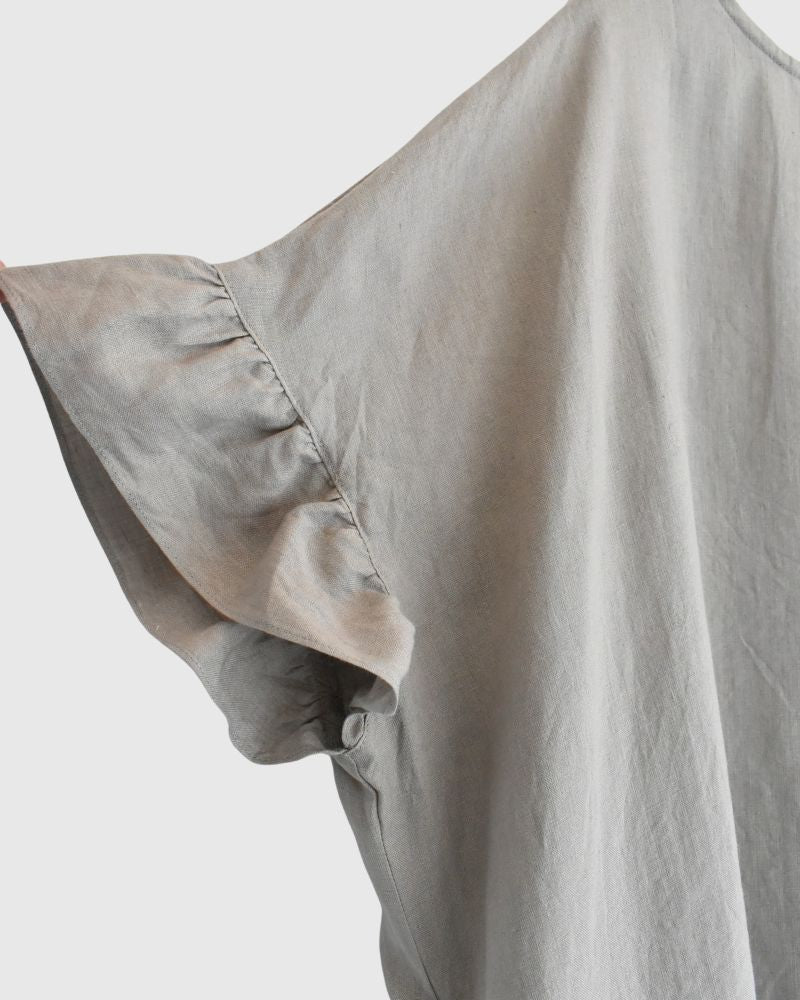 Frill top dress (LINEN) in Greige