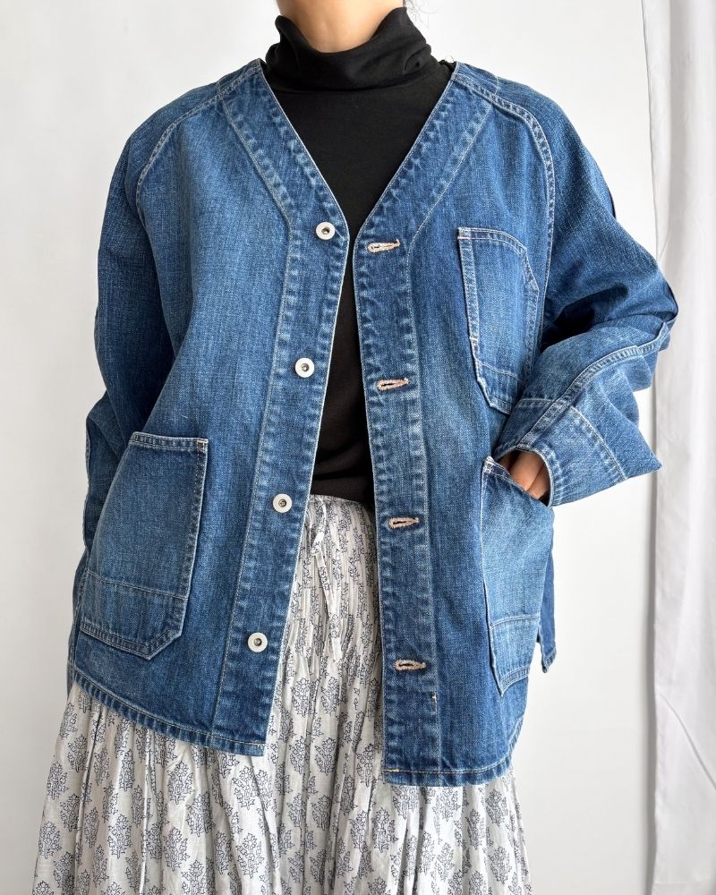 Collarless denim coverall in Denim