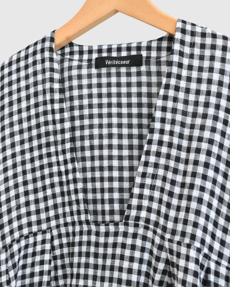 Gingham Check Linen Dress in BlackCheck