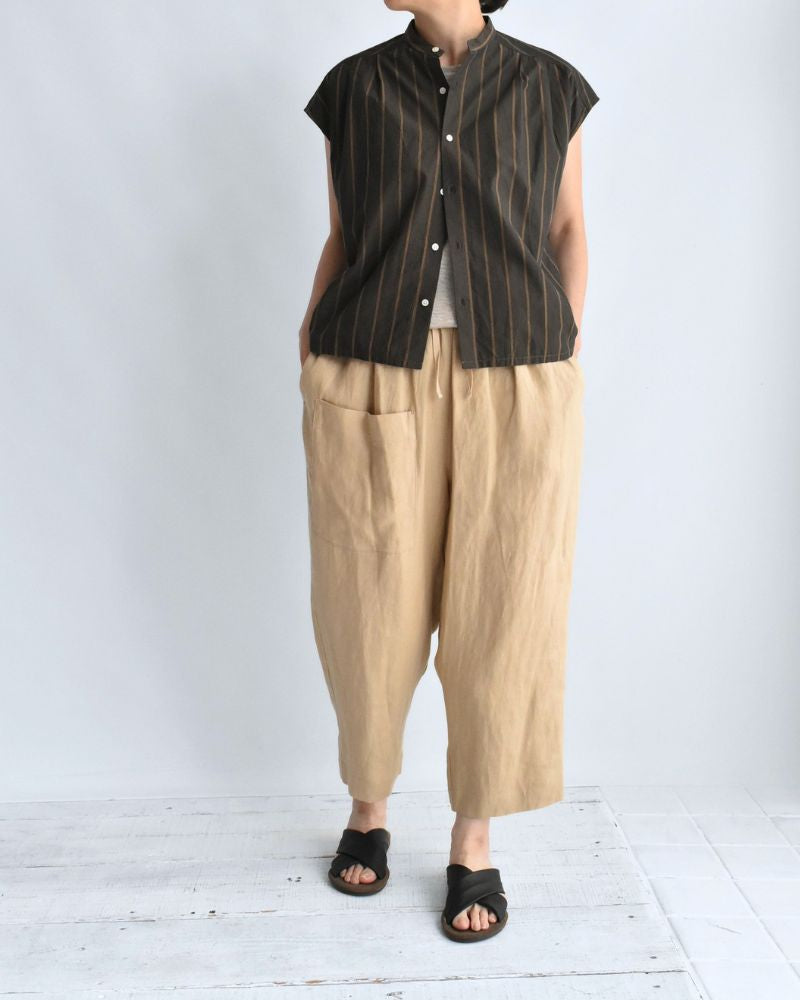 SMILE-W French sleeve blouse with scarf in BrownStripe