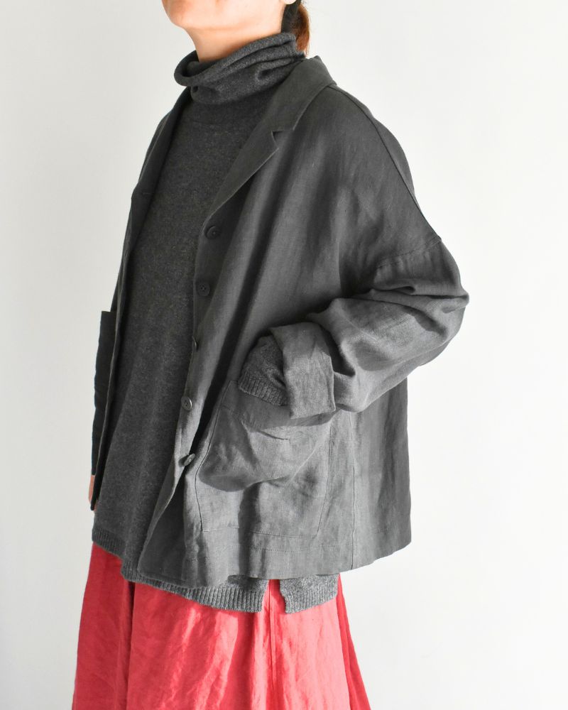 PLAIN STITCH DROP SHOULDER POLO NECK WITH SLIT in Charcoal