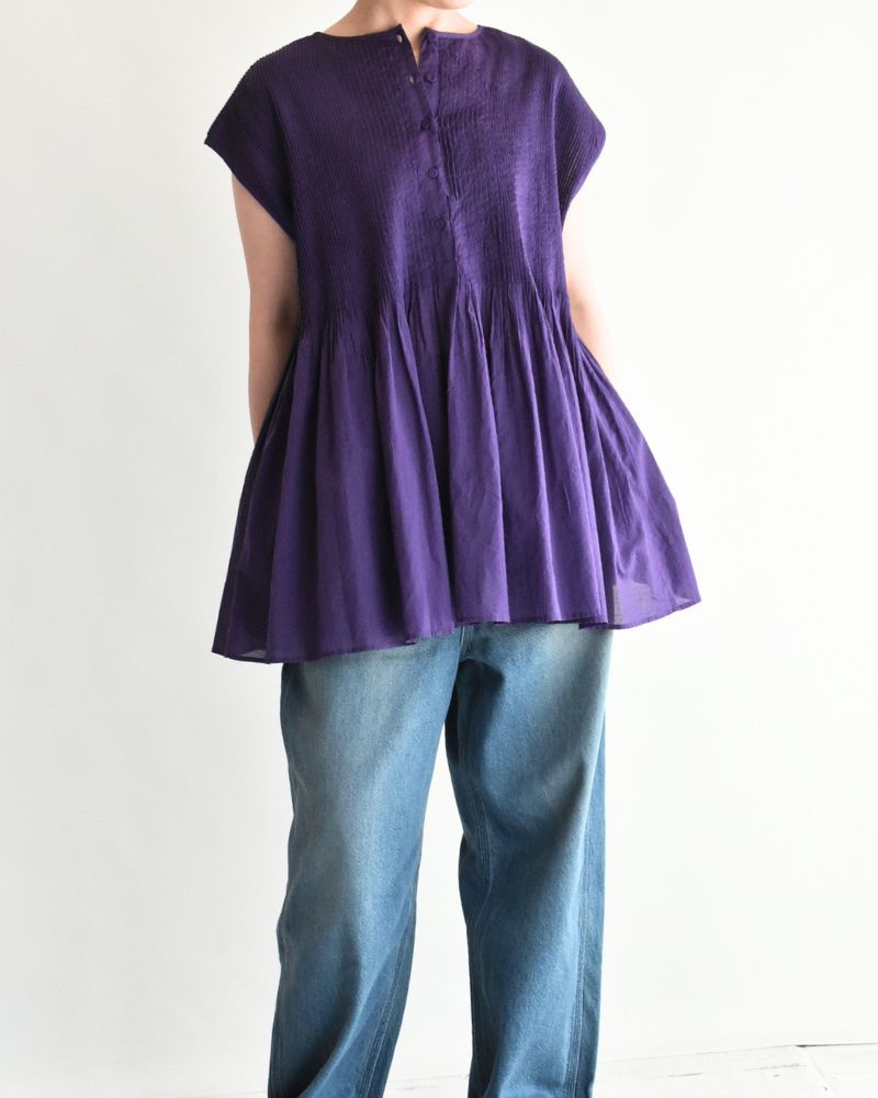 Crew-neck French Sleeve Shirt with Mini Pintuck in Purple