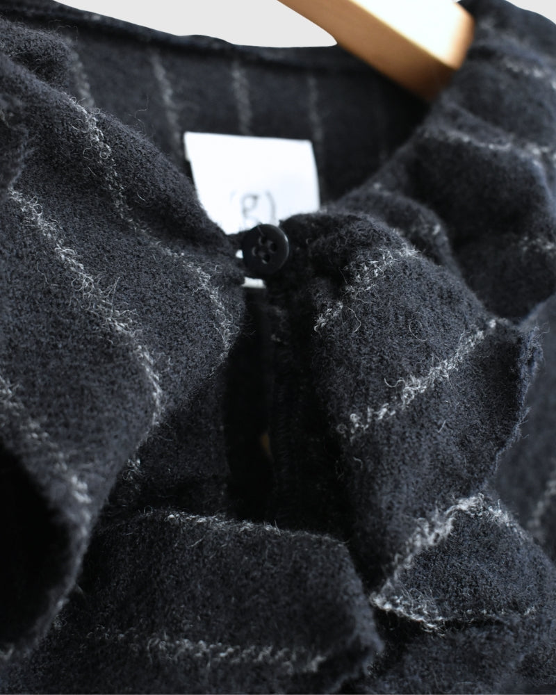 Wool Stripe Frill Trim Blouse in Navy