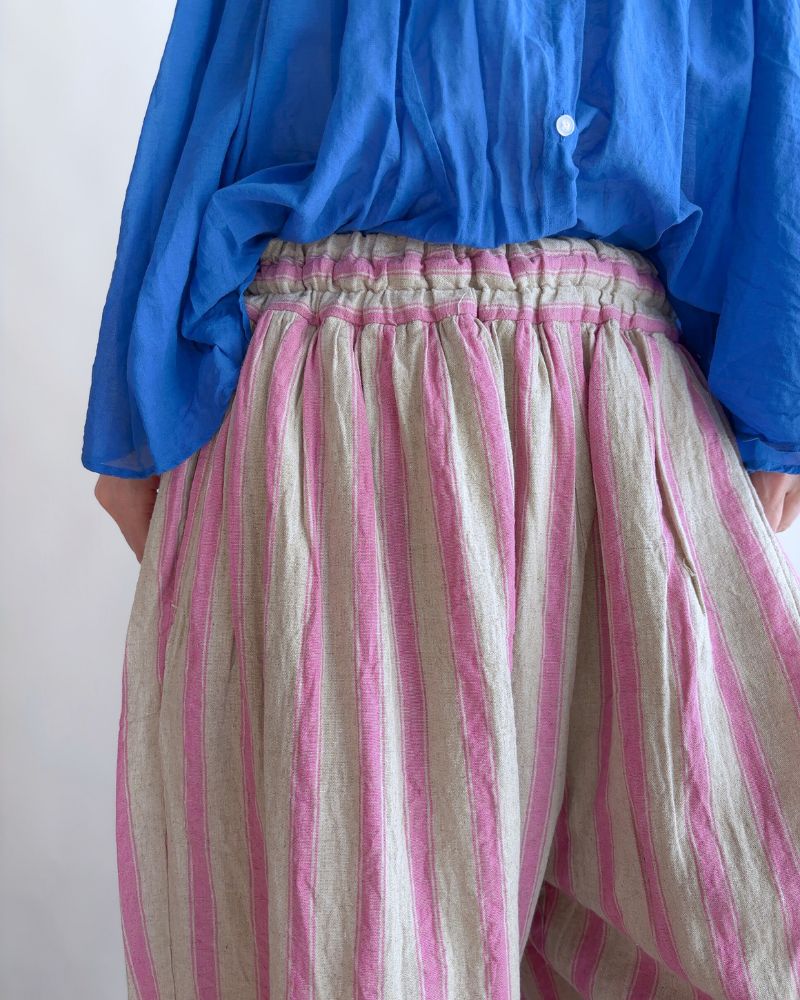 Linen Cotton Stripe Pants in Pink/Natural