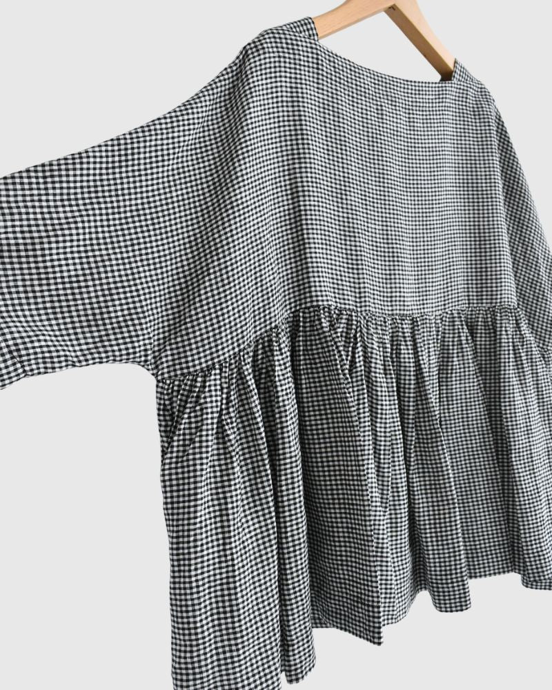 Dolman Gathered Blouse (LINEN) in Black/White