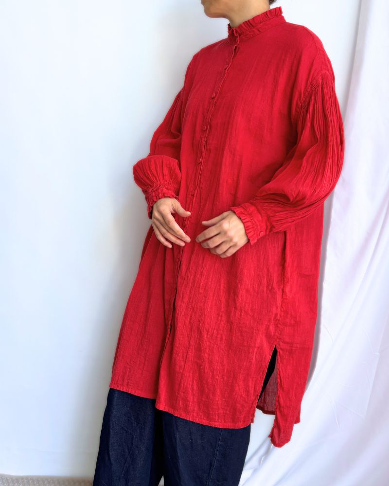 AUTO LOOM COTTON/LINEN PLAIN FRILL COLLAR MAXI SHIRT DRESS WITH MINI PINTUCK in Red