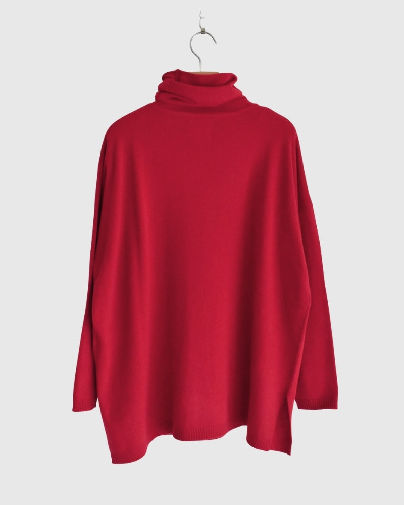 12GG Plain Stitch Drop Shoulder Polo Neck with Slit in Red
