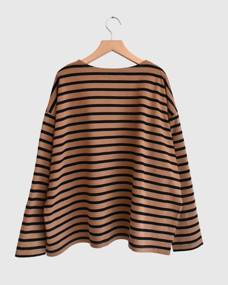 Cotton Striped Pullover in Mocha/Black