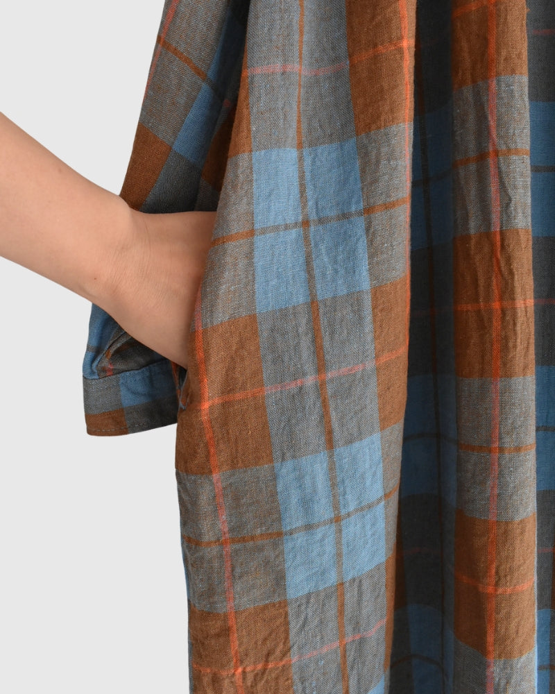 Linen Cotton Check Dress in Blue