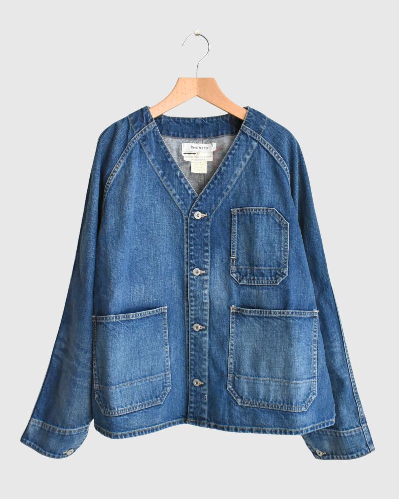 Collarless denim coverall in Denim