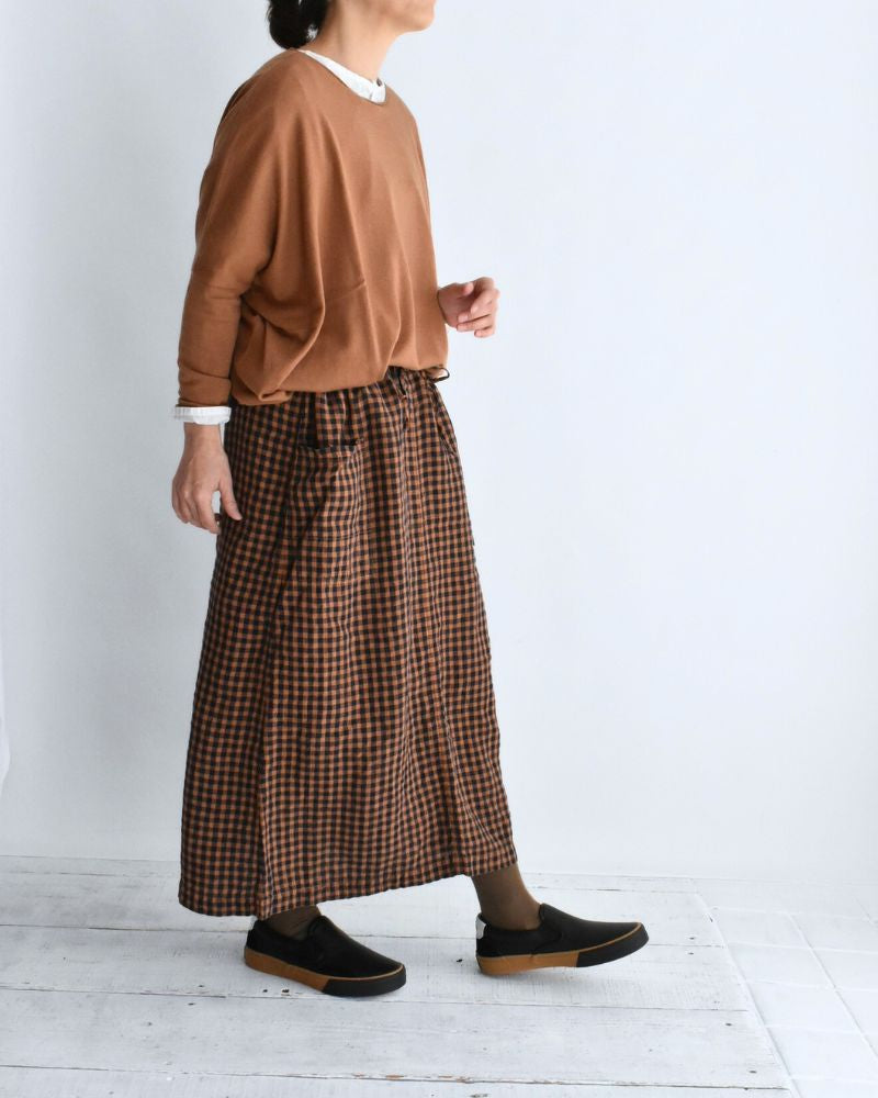 LINEN CHECK OVERDYE EASY SKIRT in Cinnamon