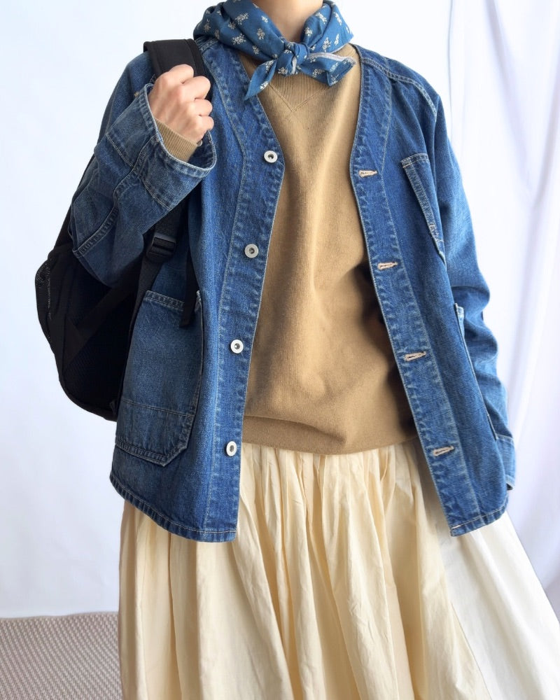 Collarless denim coverall in Denim