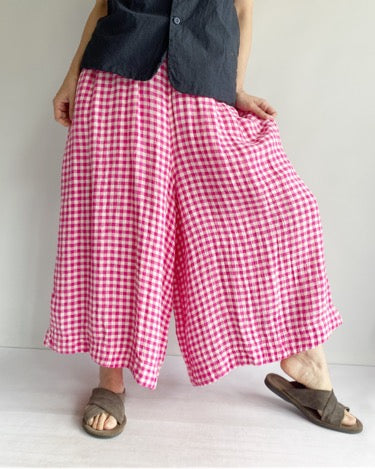 LINEN GINGHAM PANTS in White/Pink