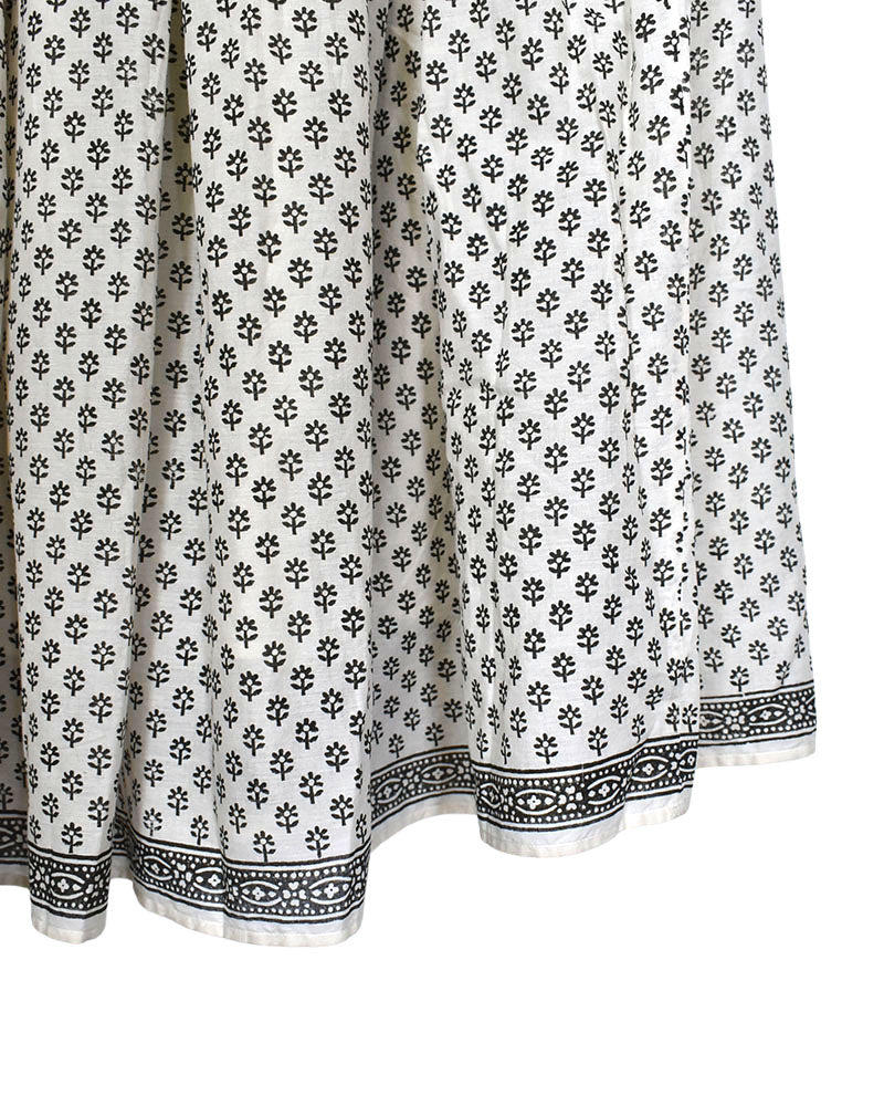 80'S COTTON VOILE SMALL FLOWER BLOCK PRINT RAJASTHAN TUCK GATHERED SKIRT WITH LINING in Natural