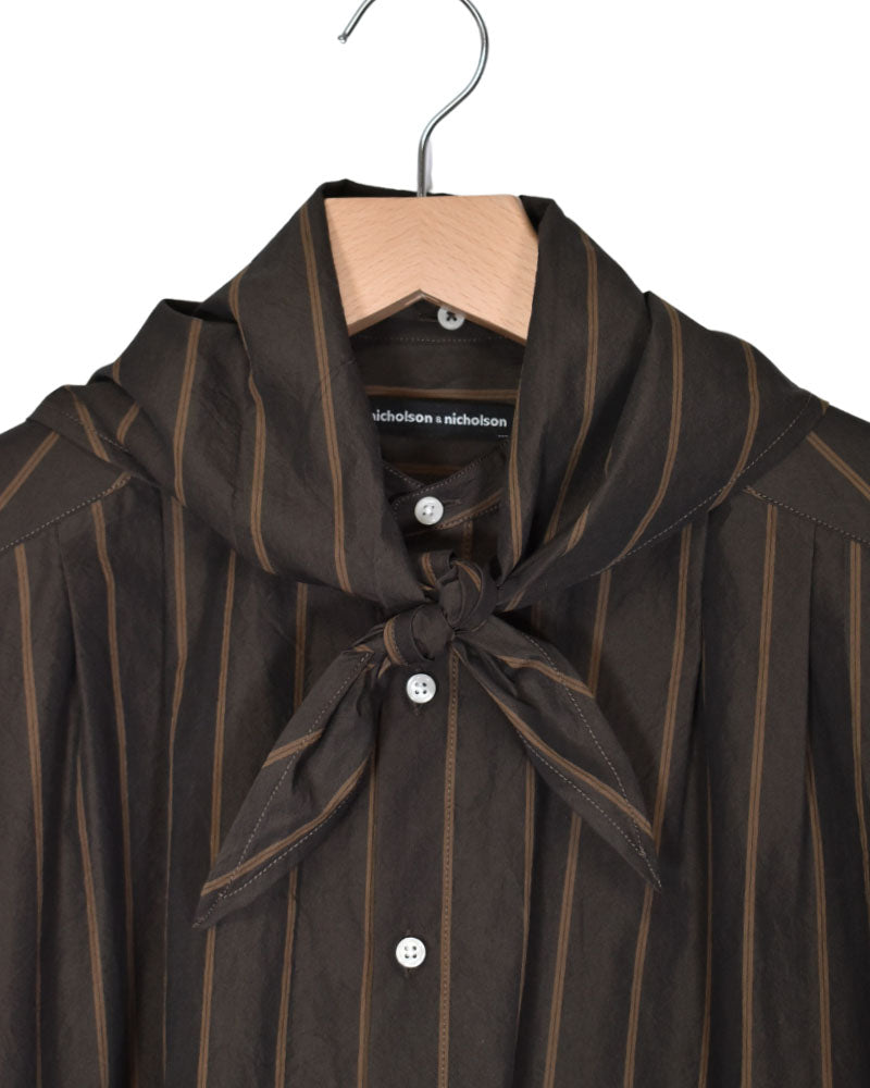 SMILE-W French sleeve blouse with scarf in BrownStripe