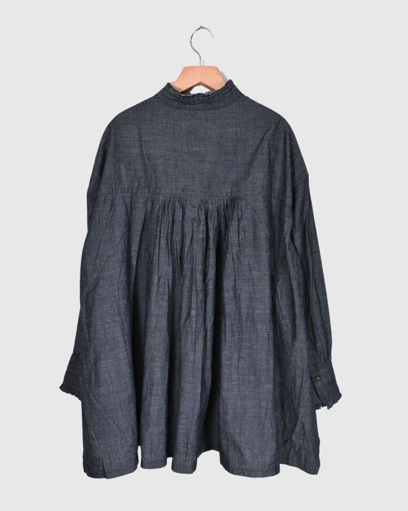 5oz Cotton Linen Slub Denim Long Shirt in Indigo