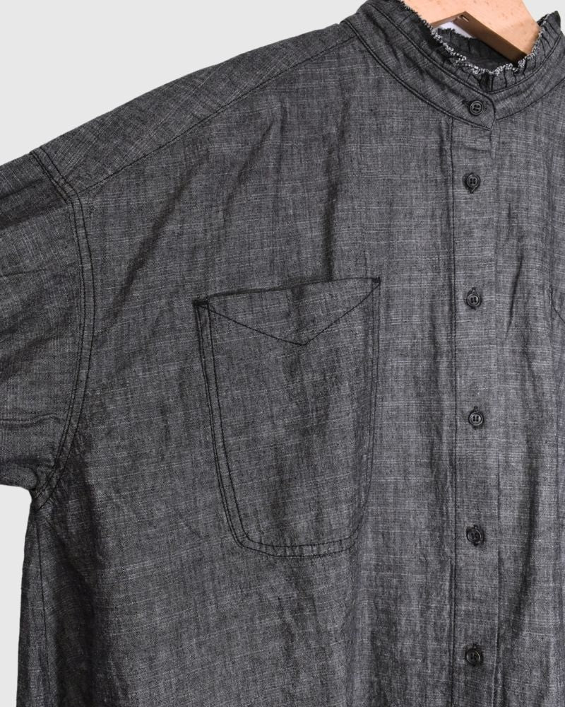 5oz Cotton Linen Slub Denim Long Shirt in Black