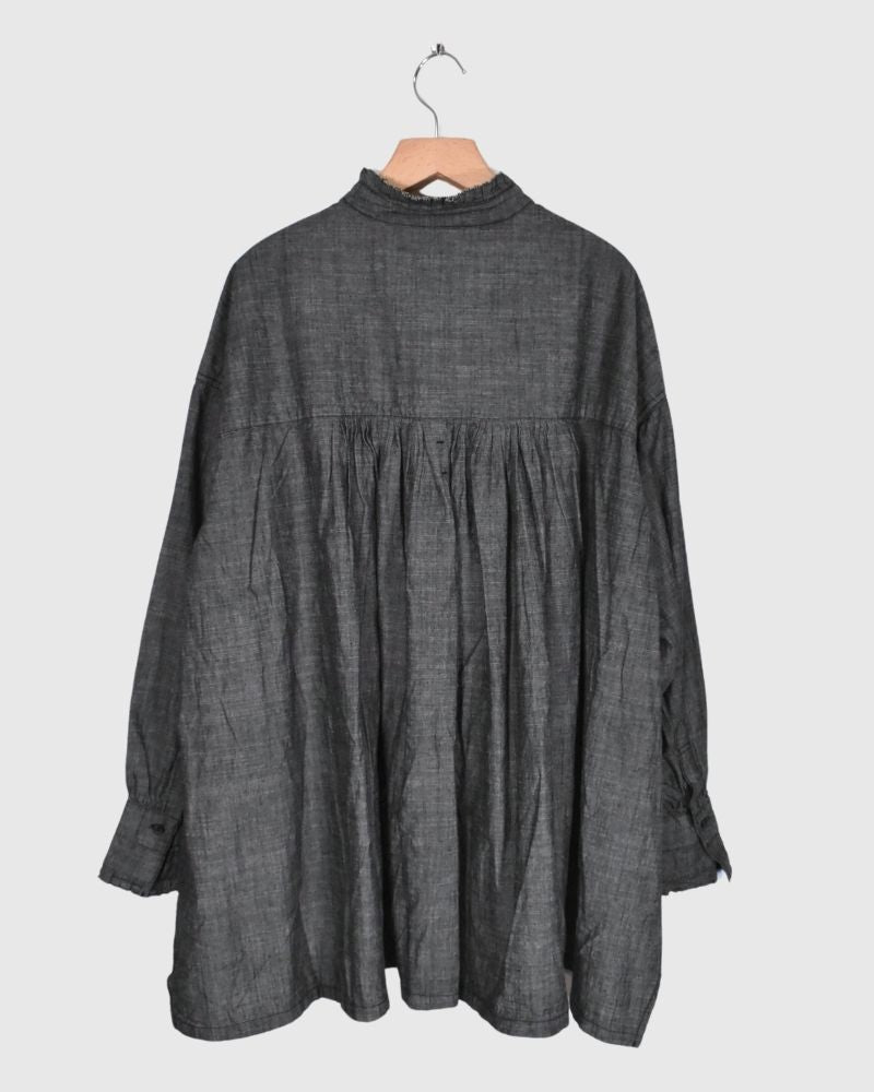 5oz Cotton Linen Slub Denim Long Shirt in Black