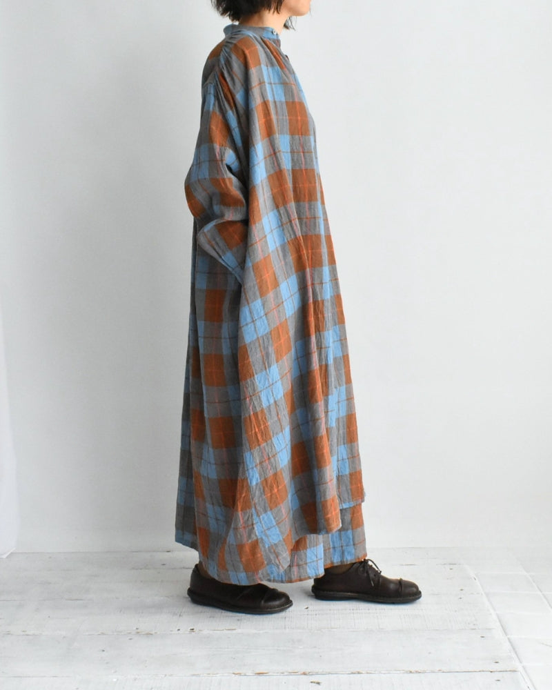 Linen Cotton Check Dress in Blue